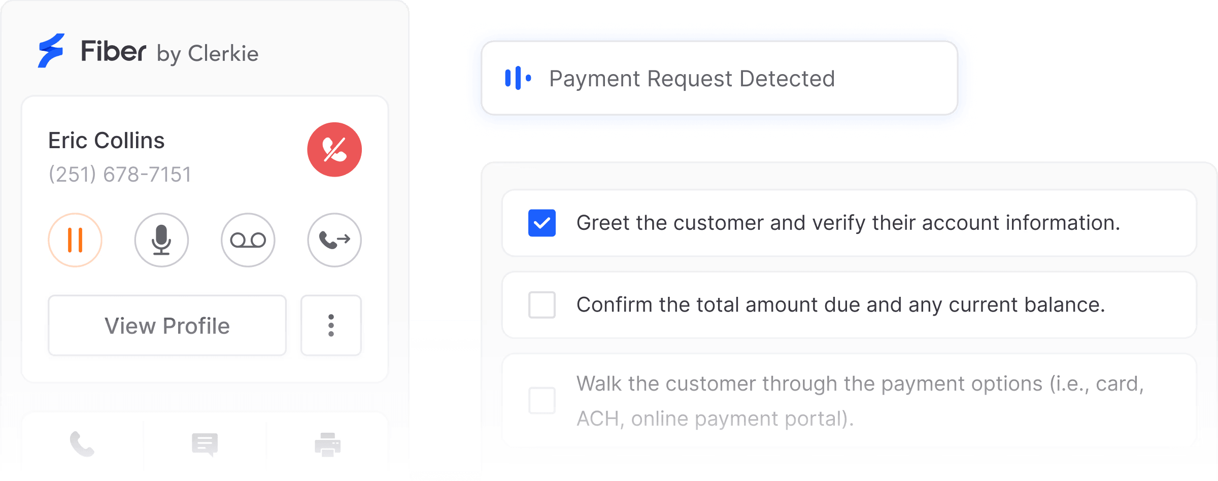 Fiber Communications: phone call interface and AI Payment Request Detected checklist