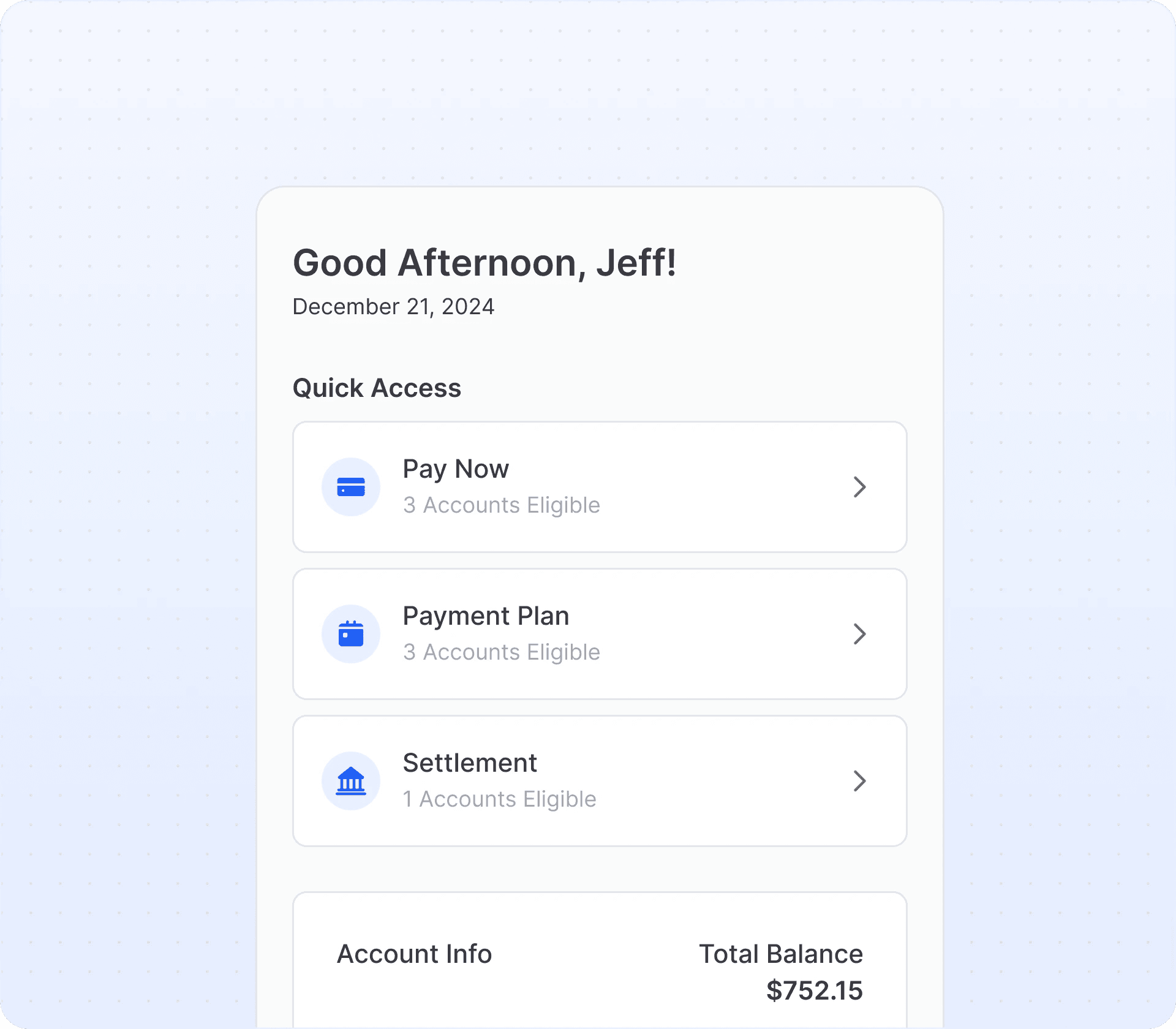 Self-service payment portal interface